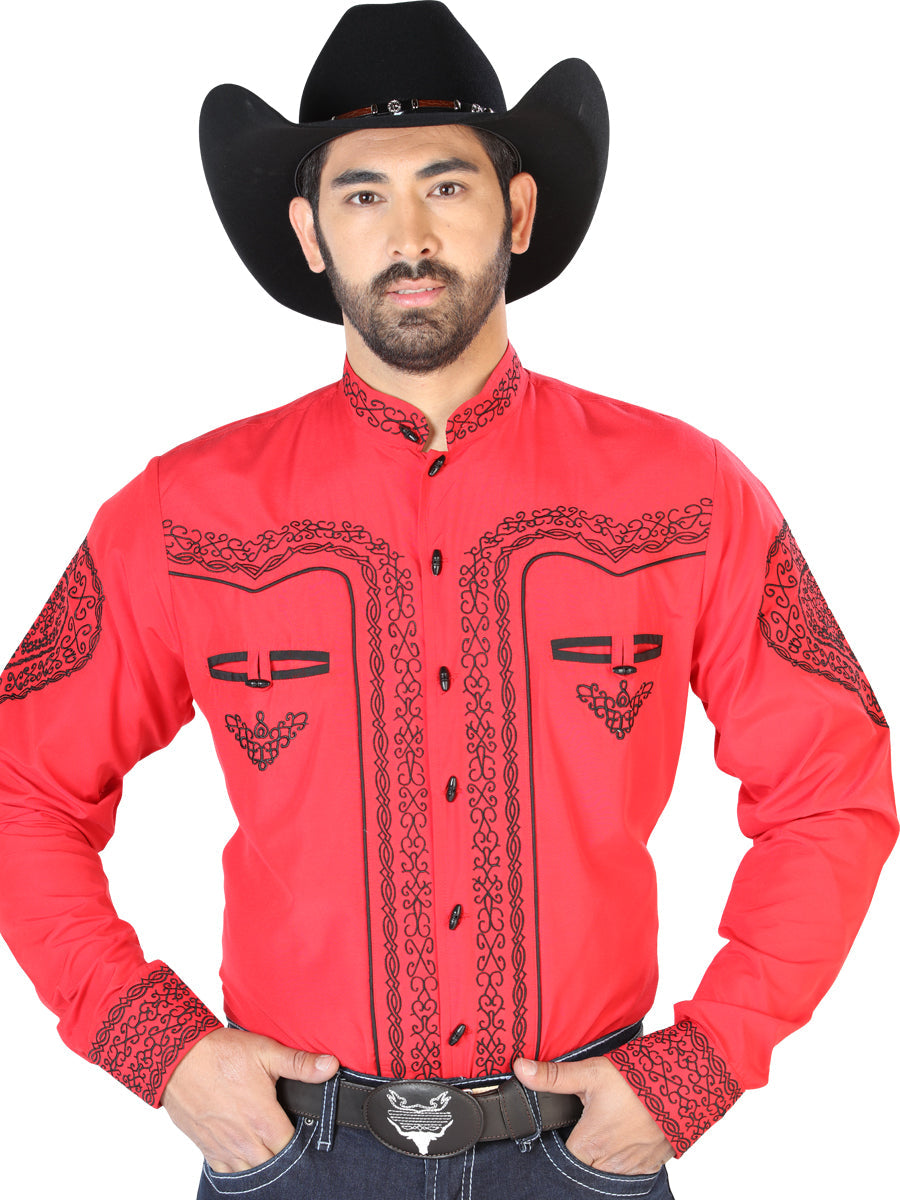 Camisa Vaquera Charra Bordada Manga Larga Rojo para Hombre 'El Señor de los Cielos' - ID: 126689 Camisas Bordadas El Señor de los Cielos Red