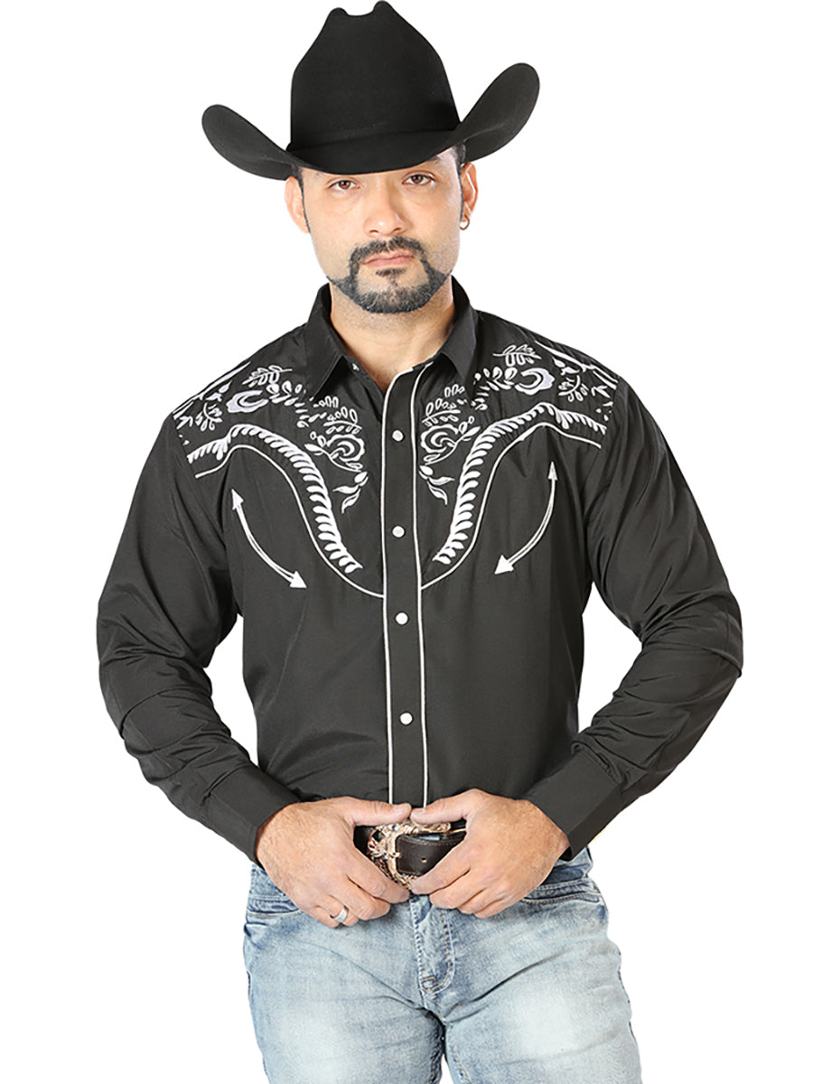 Camisa Vaquera Bordada Manga Larga Negro para Hombre 'El Señor de los Cielos' - ID: 126691 Camisas Bordadas El Señor de los Cielos Black