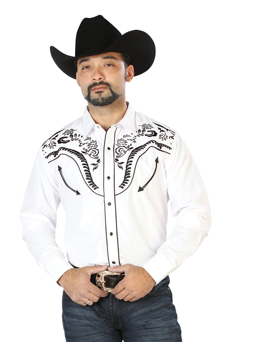 Camisa Vaquera Bordada Manga Larga Blanco para Hombre 'El Señor de los Cielos' - ID: 126692 Camisas Bordadas El Señor de los Cielos White