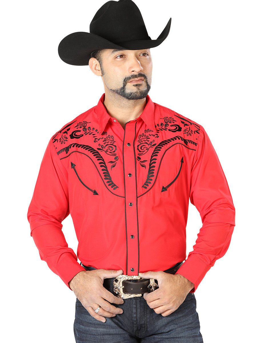 Camisa Vaquera Bordada Manga Larga Rojo para Hombre 'El Señor de los Cielos' - ID: 126693 Camisas Bordadas El Señor de los Cielos Red