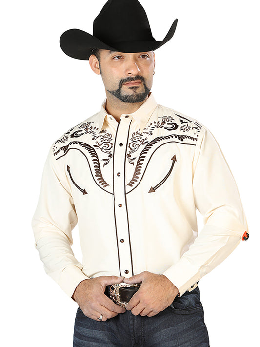 Camisa Vaquera Bordada Manga Larga Beige para Hombre 'El Señor de los Cielos' - ID: 126694 Camisas Bordadas El Señor de los Cielos Beige