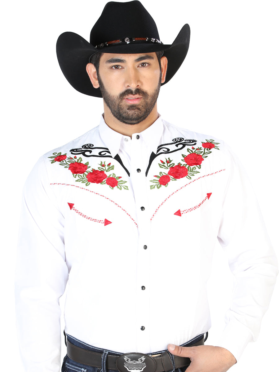 Camisa Vaquera Bordada Manga Larga Blanco para Hombre 'El Señor de los Cielos' - ID: 126696 Camisas Bordadas El Señor de los Cielos White