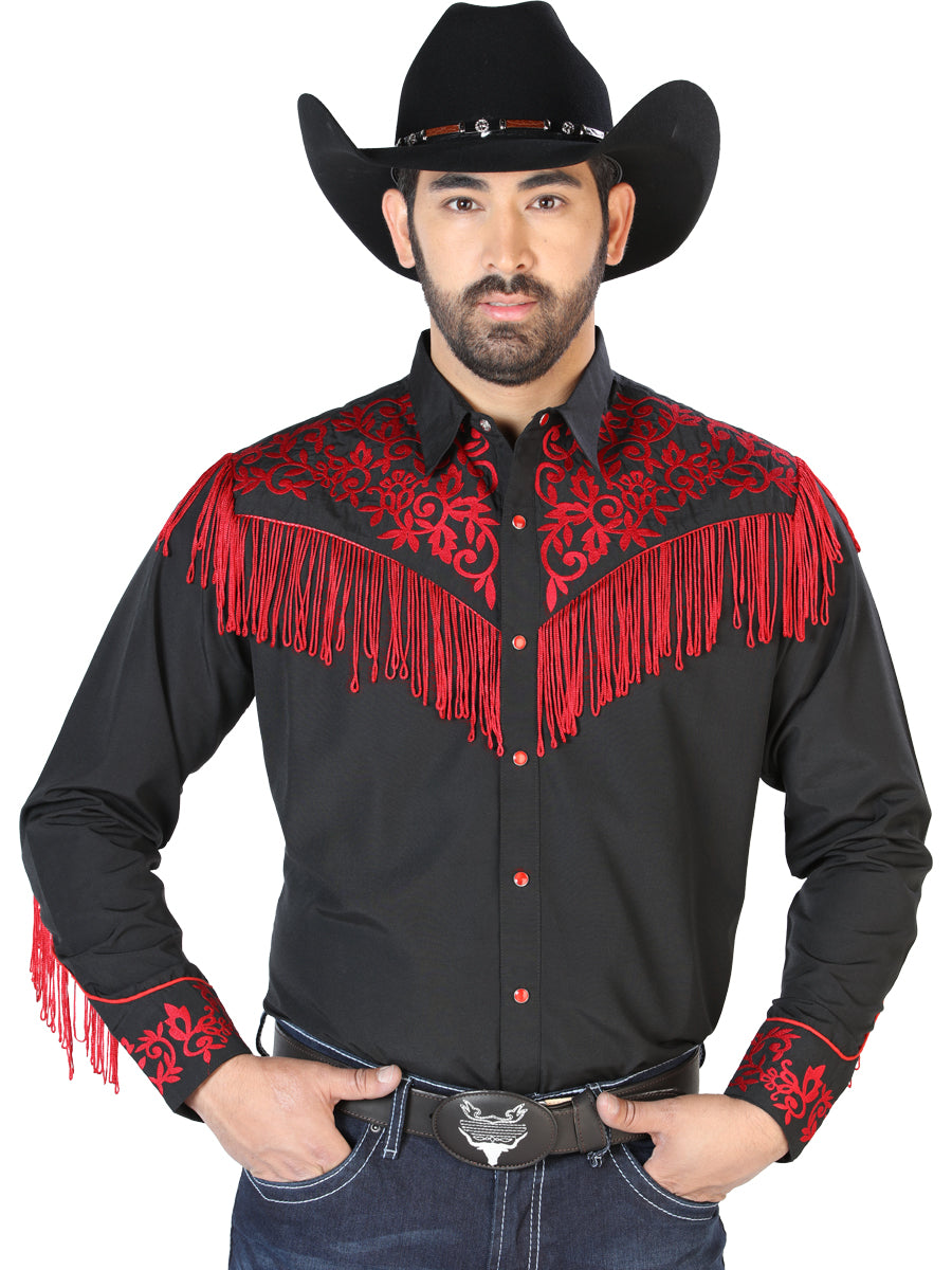 Camisa Vaquera Bordada Manga Larga Negro para Hombre 'El Señor de los Cielos' - ID: 126697 Camisas Bordadas El Señor de los Cielos Black