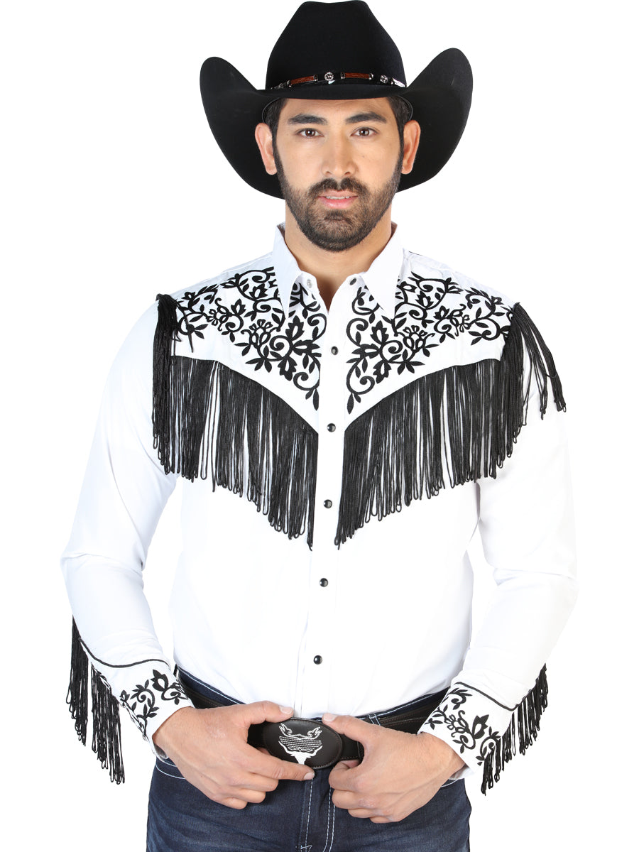 Camisa Vaquera Bordada Manga Larga Blanco para Hombre 'El Señor de los Cielos' - ID: 126698 Camisas Bordadas El Señor de los Cielos White