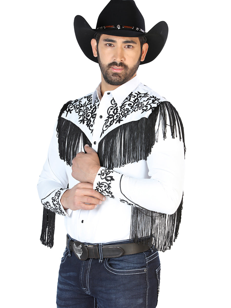 Camisa Vaquera Bordada Manga Larga Blanco para Hombre 'El Señor de los Cielos' - ID: 126698 Camisas Bordadas El Señor de los Cielos 