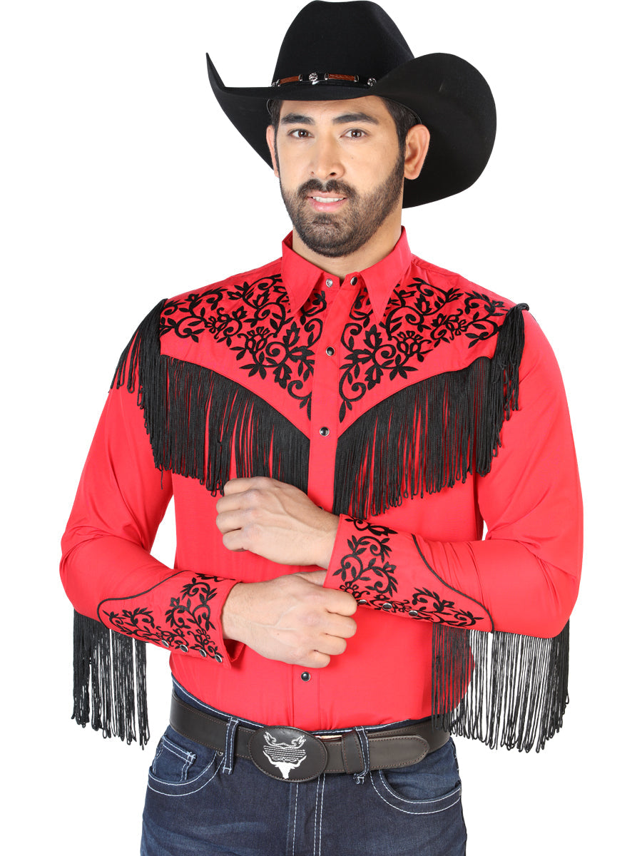 Camisa Vaquera Bordada Manga Larga Rojo para Hombre 'El Señor de los Cielos' - ID: 126699 Camisas Bordadas El Señor de los Cielos Red