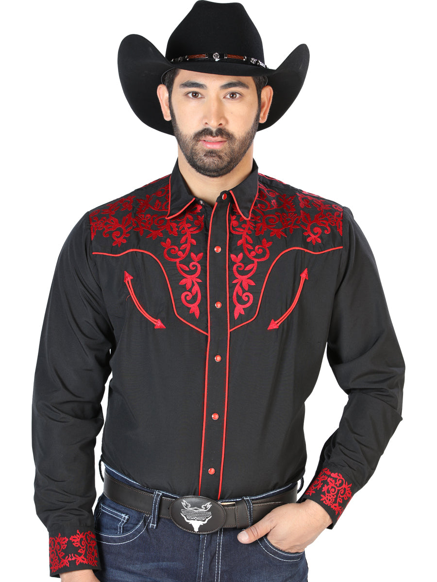 Camisa Vaquera Bordada Manga Larga Negro para Hombre 'El Señor de los Cielos' - ID: 126701 Camisas Bordadas El Señor de los Cielos Black