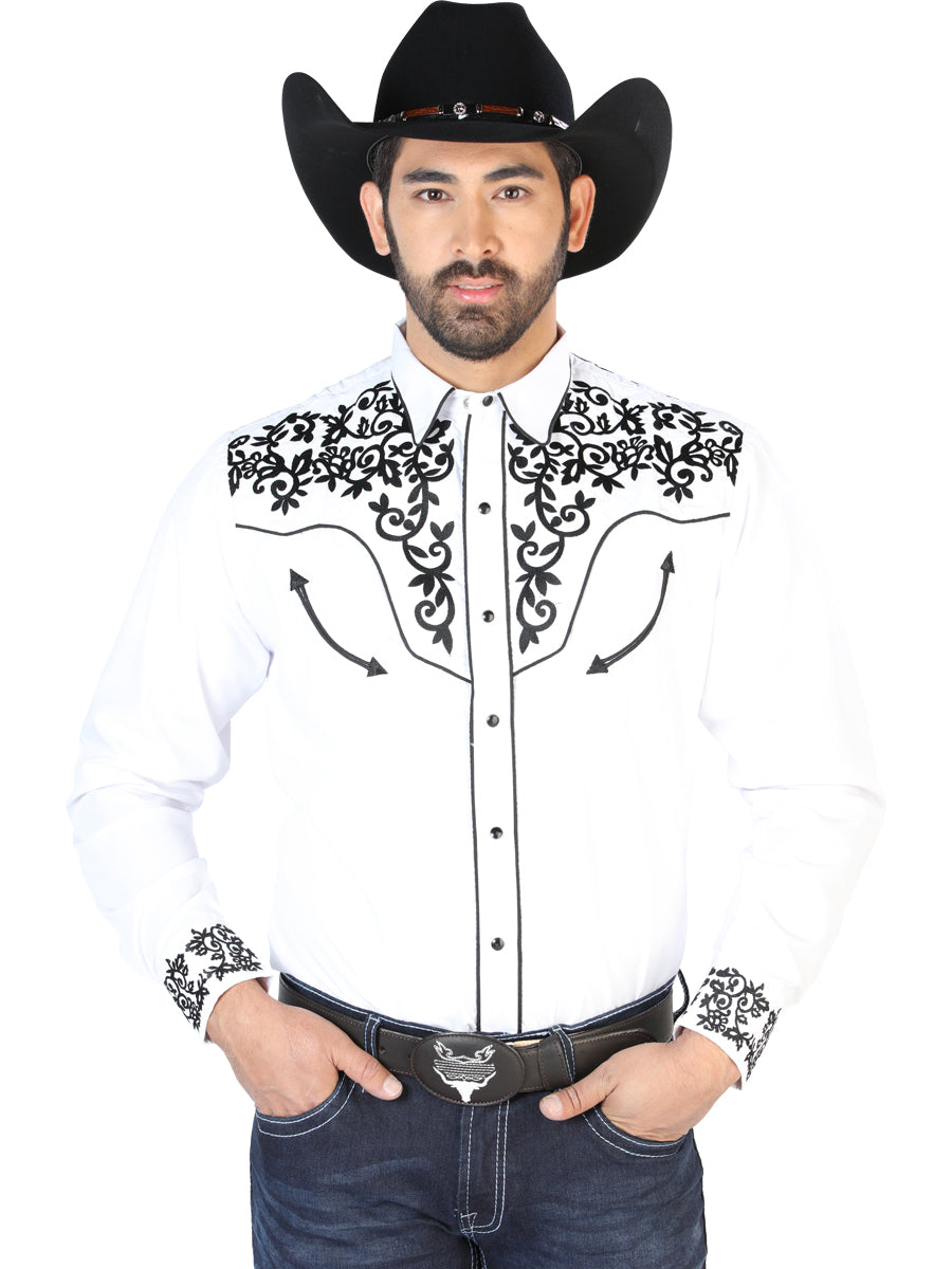 Camisa Vaquera Bordada Manga Larga Blanco para Hombre 'El Señor de los Cielos' - ID: 126702 Camisas Bordadas El Señor de los Cielos White