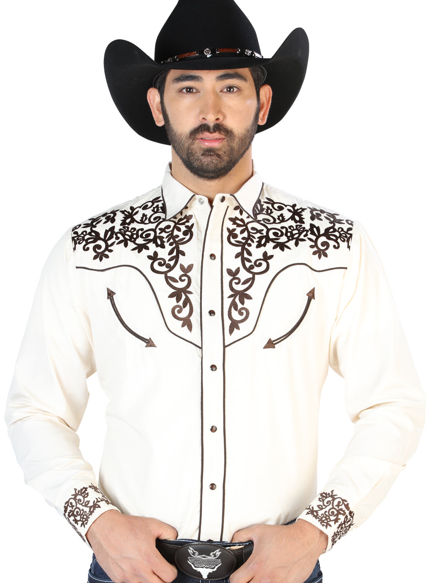 Camisa Vaquera Bordada Manga Larga Beige para Hombre 'El Señor de los Cielos' - ID: 126703 Camisas Bordadas El Señor de los Cielos Beige