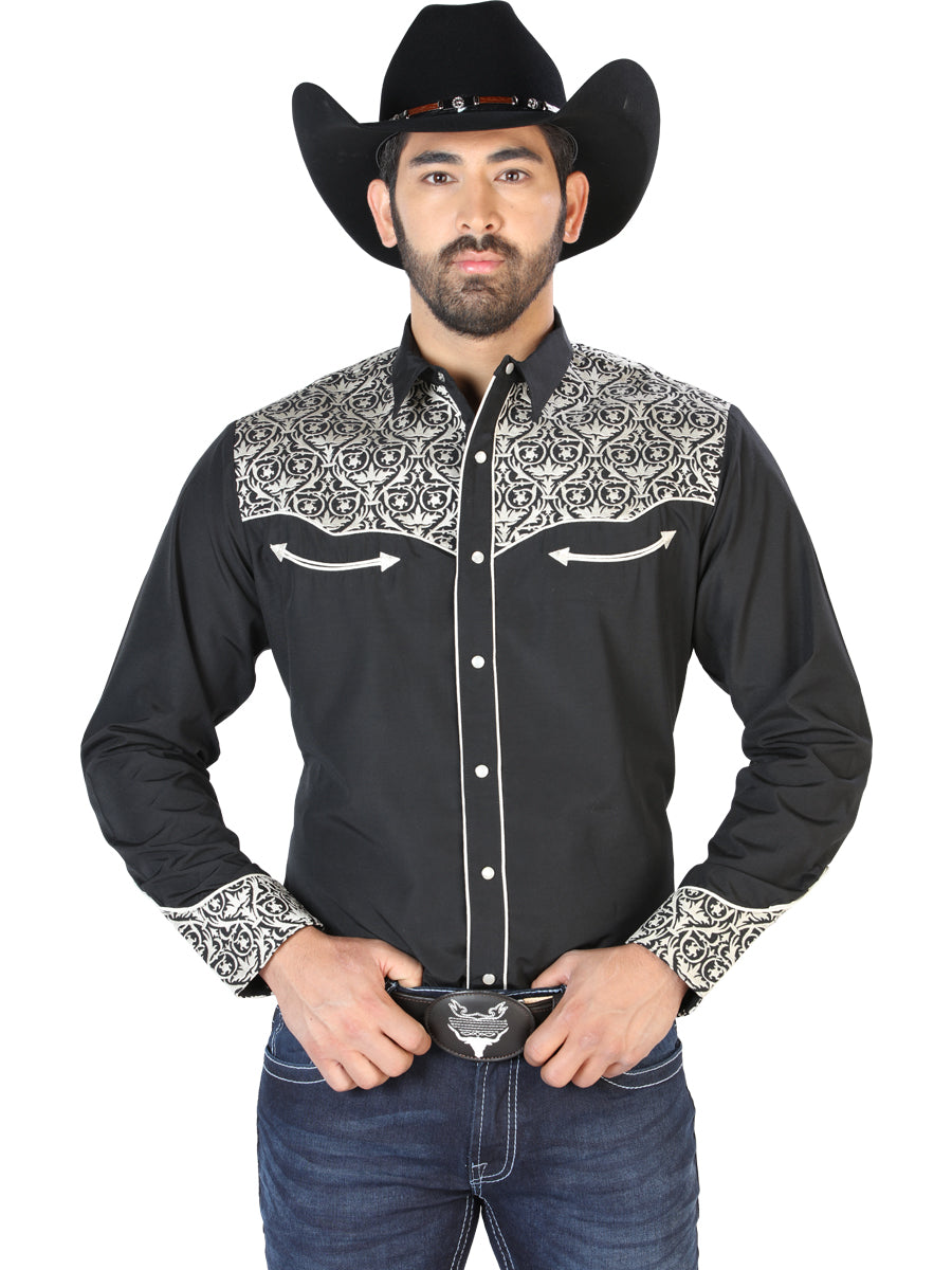 Camisa Vaquera Bordada Manga Larga Negro para Hombre 'El Señor de los Cielos' - ID: 126704 Camisas Bordadas El Señor de los Cielos Black