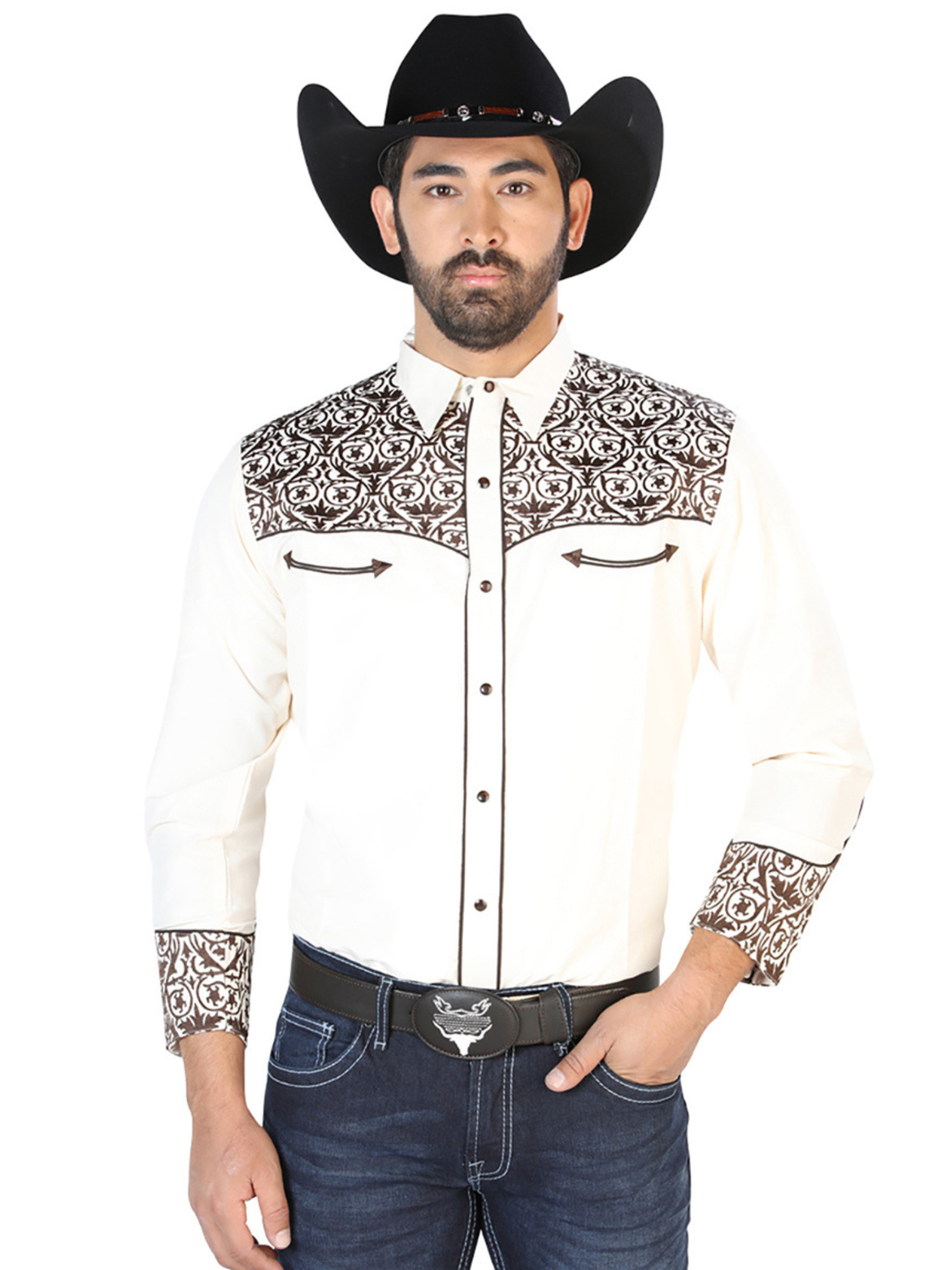 Camisa Vaquera Bordada Manga Larga Beige para Hombre 'El Señor de los Cielos' - ID: 126706 Camisas Bordadas El Señor de los Cielos Beige