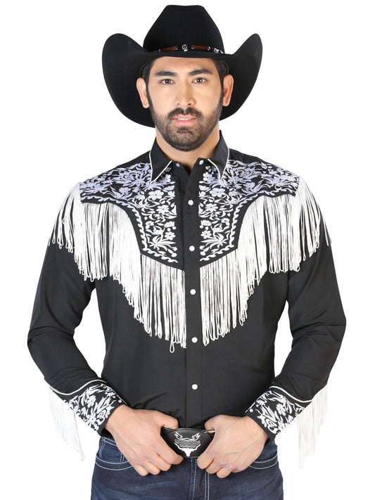 Camisa Vaquera Bordada Manga Larga Negro para Hombre 'El Señor de los Cielos' - ID: 126707 Camisas Bordadas El Señor de los Cielos Black