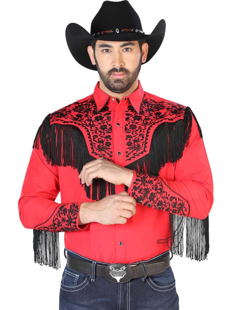 Camisa Vaquera Bordada Manga Larga Rojo para Hombre 'El Señor de los Cielos' - ID: 126709 Camisas Bordadas El Señor de los Cielos Red