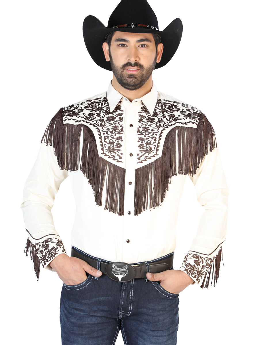 Camisa Vaquera Bordada Manga Larga Beige para Hombre 'El Señor de los Cielos' - ID: 126710 Camisas Bordadas El Señor de los Cielos Beige