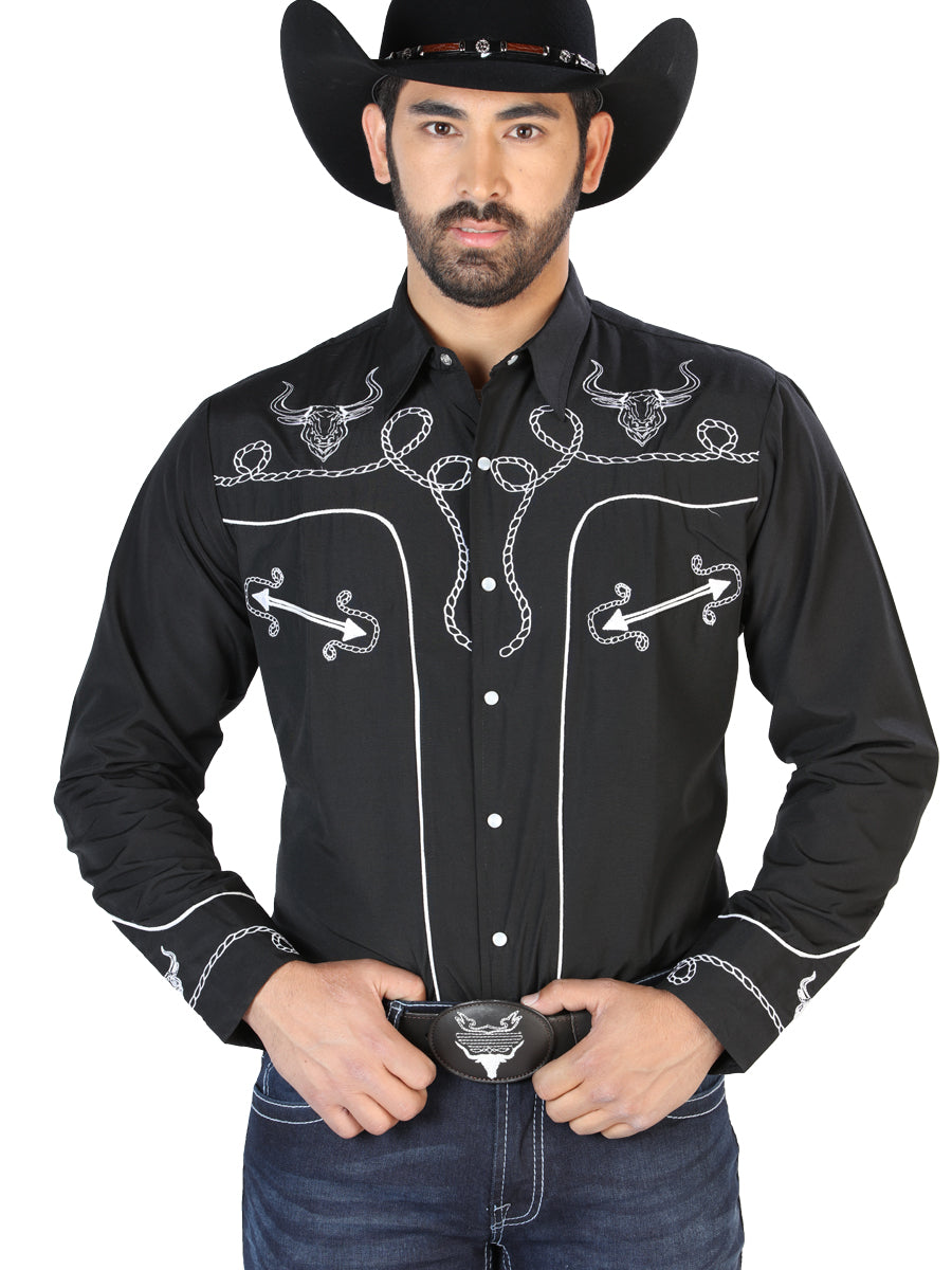 Camisa Vaquera Bordada Manga Larga Negro para Hombre 'El Señor de los Cielos' - ID: 126711 Camisas Bordadas El Señor de los Cielos Black