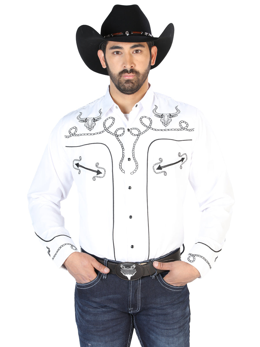 Camisa Vaquera Bordada Manga Larga Blanco para Hombre 'El Señor de los Cielos' - ID: 126712 Camisas Bordadas El Señor de los Cielos White