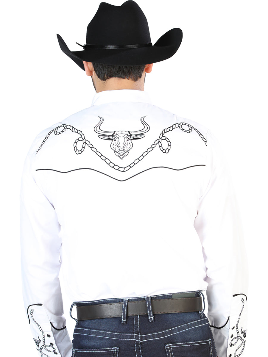 Camisa Vaquera Bordada Manga Larga Blanco para Hombre 'El Señor de los Cielos' - ID: 126712 Camisas Bordadas El Señor de los Cielos 