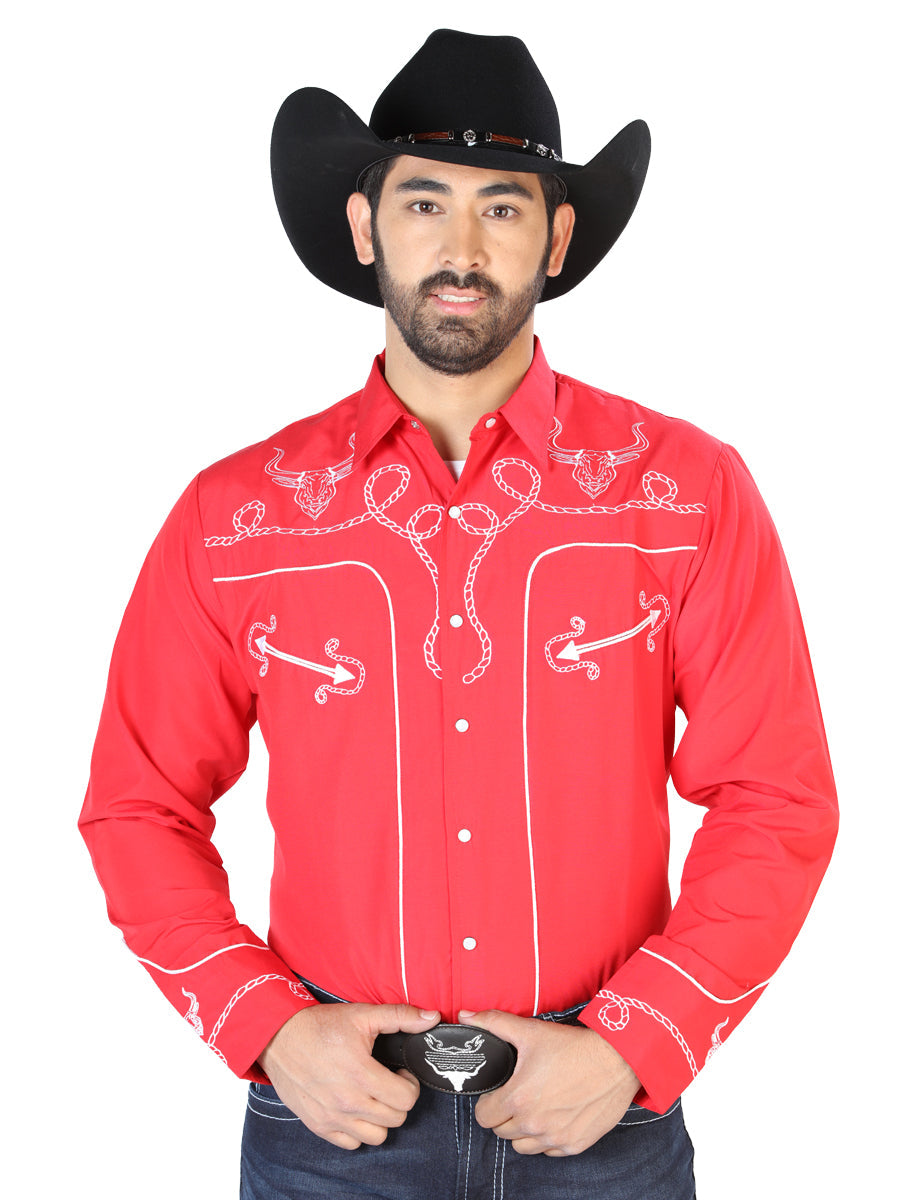 Camisa Vaquera Bordada Manga Larga Rojo para Hombre 'El Señor de los Cielos' - ID: 126713 Camisas Bordadas El Señor de los Cielos Red