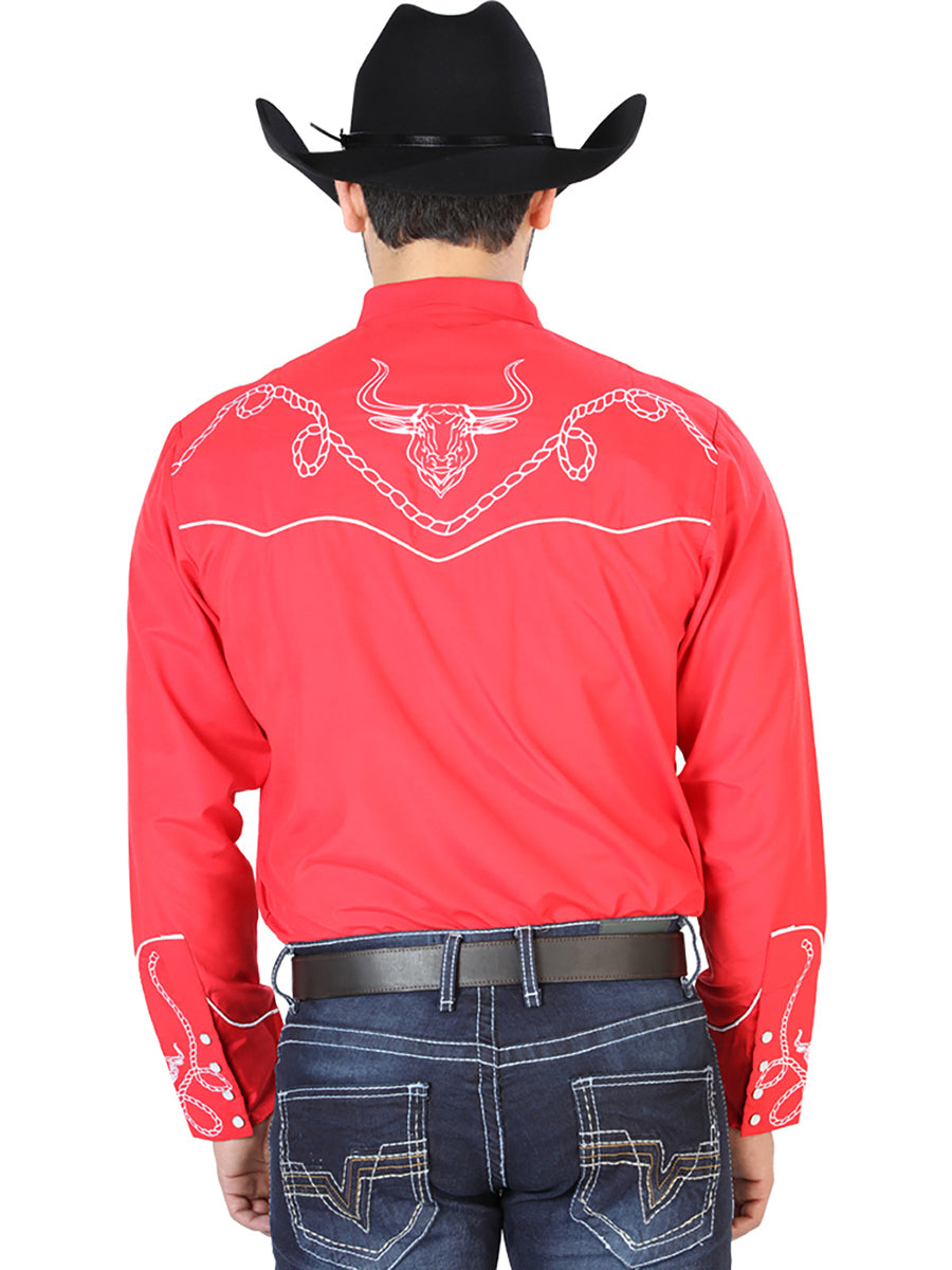 Camisa Vaquera Bordada Manga Larga Rojo para Hombre 'El Señor de los Cielos' - ID: 126713 Camisas Bordadas El Señor de los Cielos 