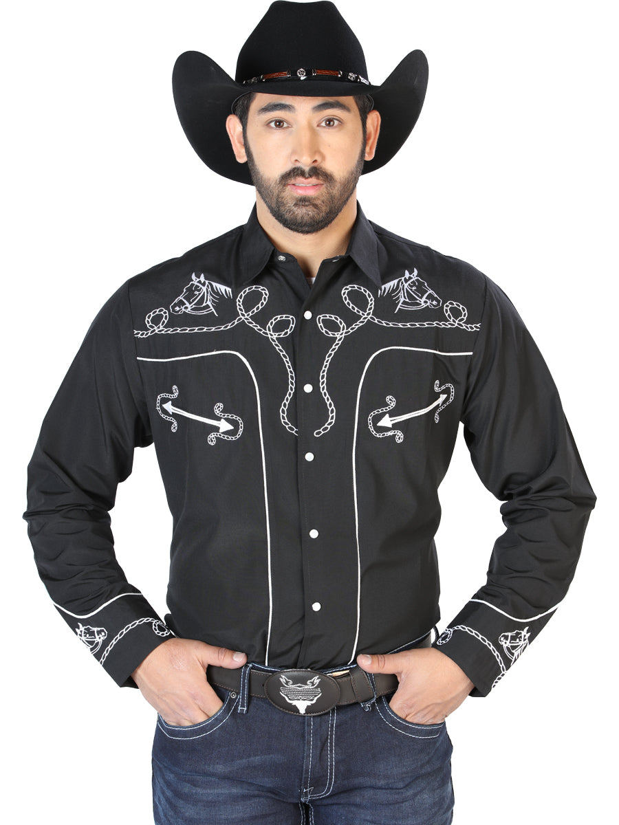 Camisa Vaquera Bordada Manga Larga Negro para Hombre 'El Señor de los Cielos' - ID: 126714 Camisas Bordadas El Señor de los Cielos Black