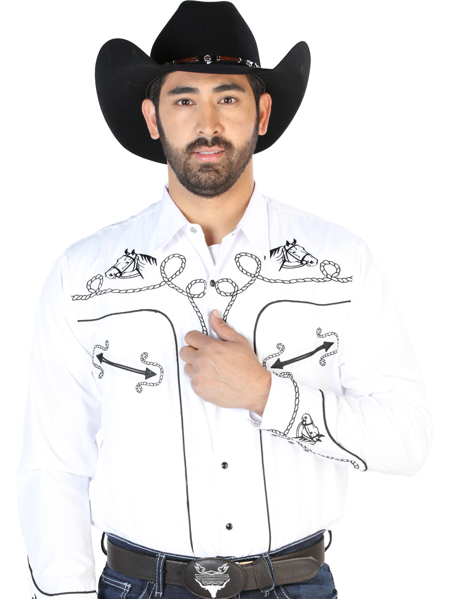 Camisa Vaquera Bordada Manga Larga Blanco para Hombre 'El Señor de los Cielos' - ID: 126715 Camisas Bordadas El Señor de los Cielos White