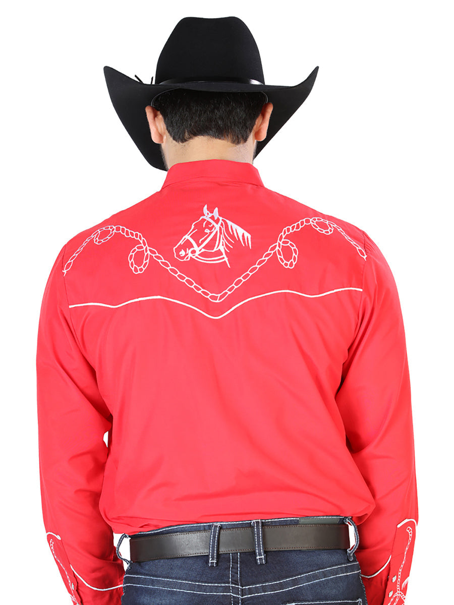 Camisa Vaquera Bordada Manga Larga Rojo para Hombre 'El Señor de los Cielos' - ID: 126716 Camisas Bordadas El Señor de los Cielos 