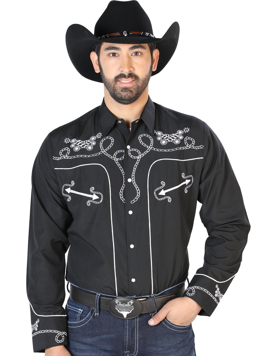 Camisa Vaquera Bordada Manga Larga Negro para Hombre 'El Señor de los Cielos' - ID: 126717 Camisas Bordadas El Señor de los Cielos Black