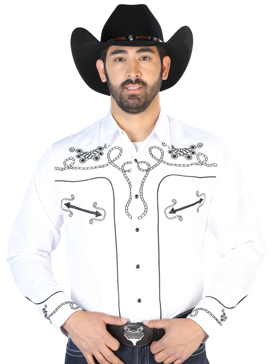 Camisa Vaquera Bordada Manga Larga Blanco para Hombre 'El Señor de los Cielos' - ID: 126718 Camisas Bordadas El Señor de los Cielos White