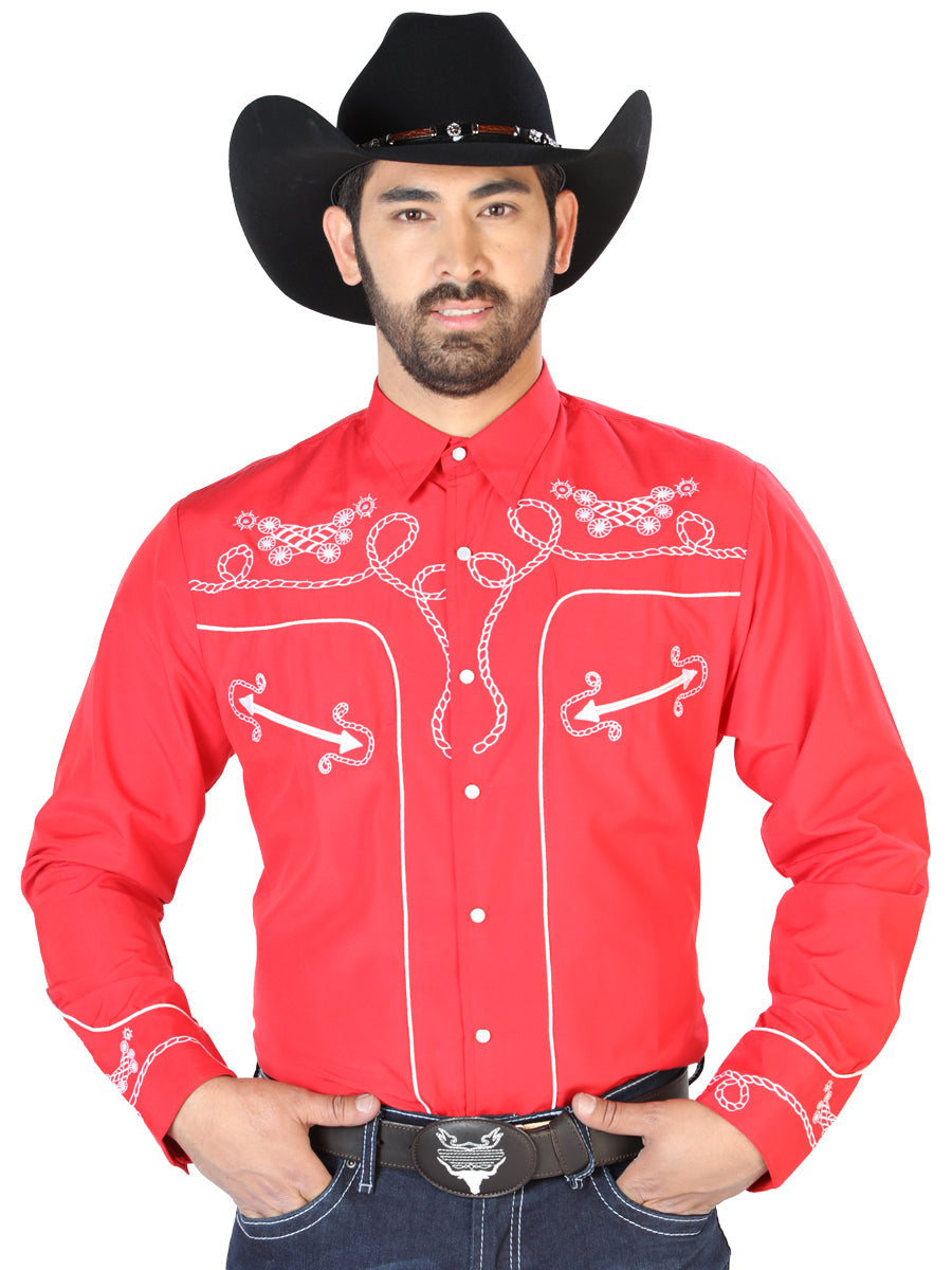 Camisa Vaquera Bordada Manga Larga Rojo para Hombre 'El Señor de los Cielos' - ID: 126719 Camisas Bordadas El Señor de los Cielos Red