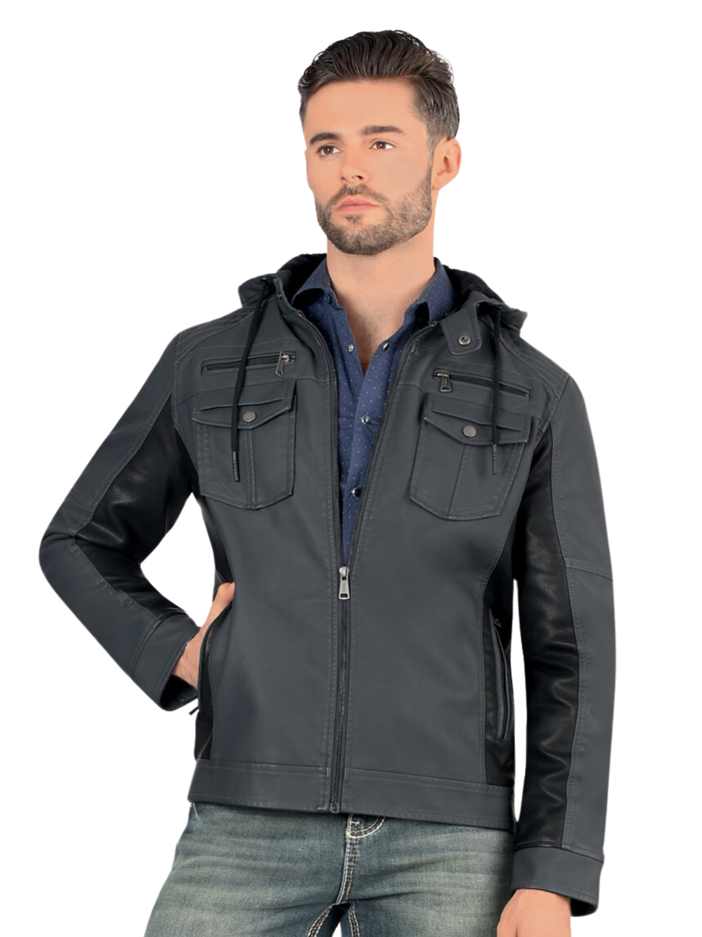 Chamarra Casual de Cuero PU con Cierre para Hombre 'Lamasini' - ID: 589 Chamarras Casuales Lamasini Charcoal