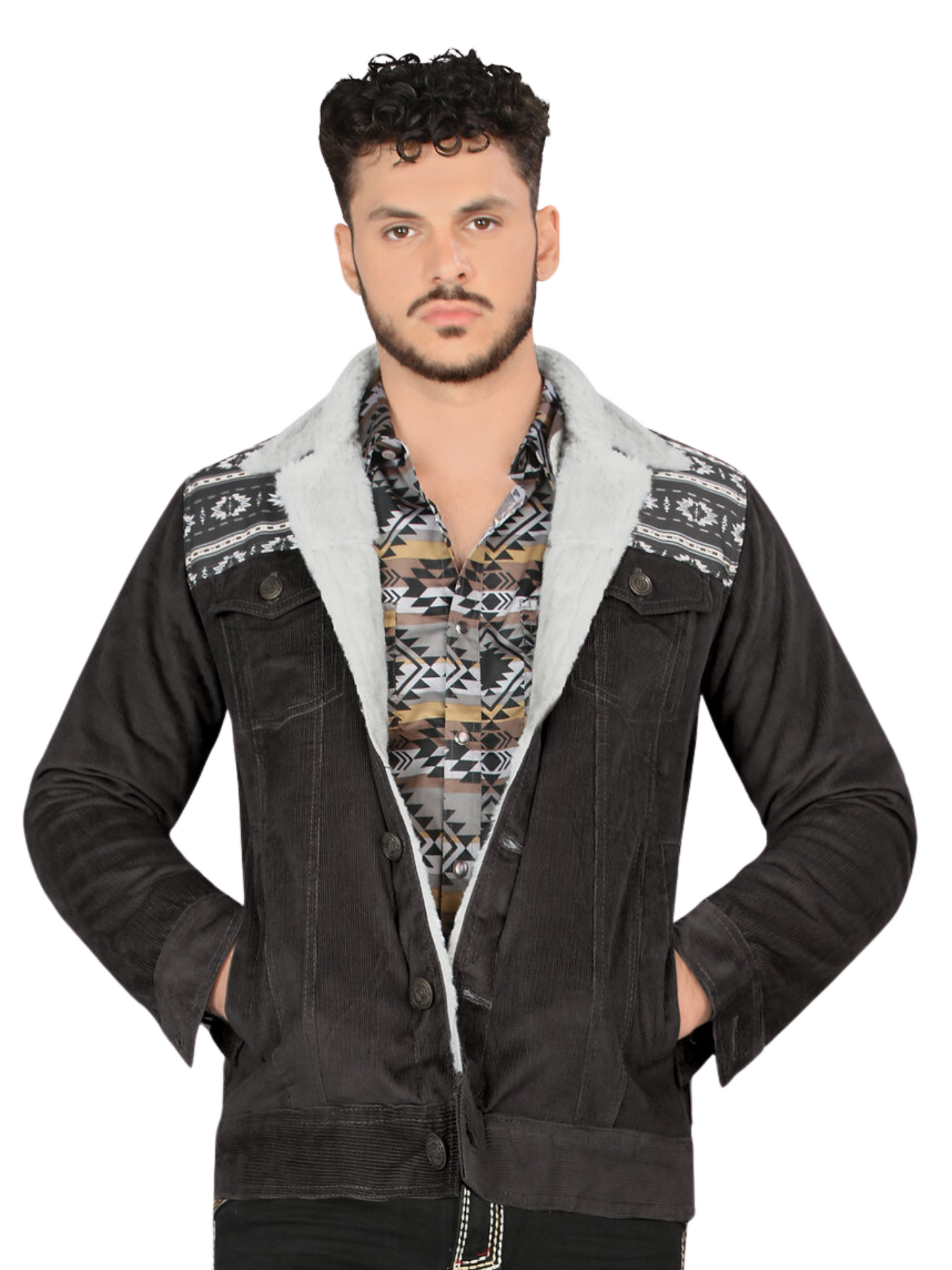 Chamarra Casual Termica de Forro Afelpado Estampada Aztec para Hombre 'Lamasini' - ID: 6001 Chamarras Termicas Lamasini Charcoal