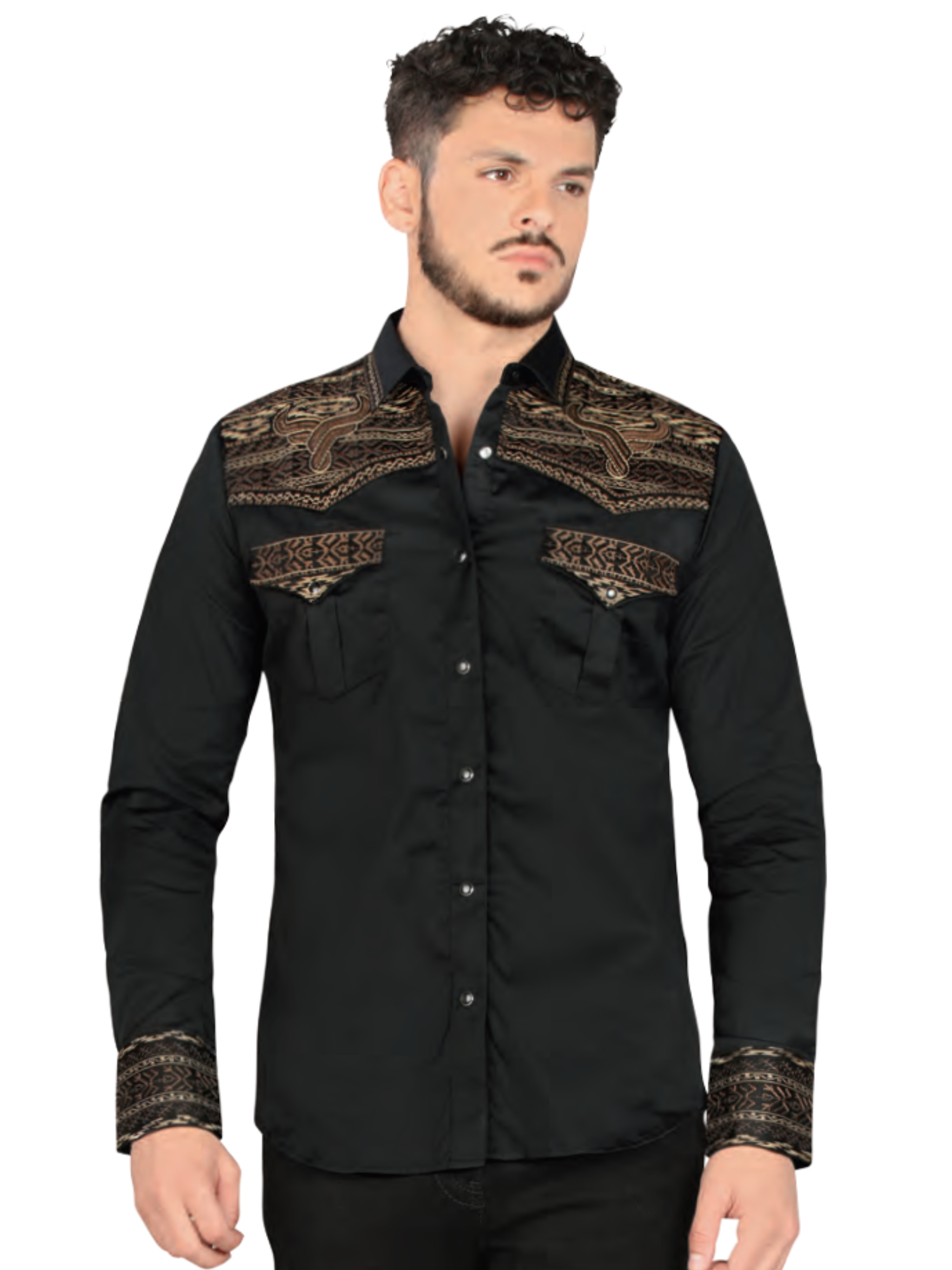 Camisa Vaquera Bordada Manga Larga para Hombre 'Lamasini' - ID: 2217 Camisas Bordadas Lamasini Black/Khaki