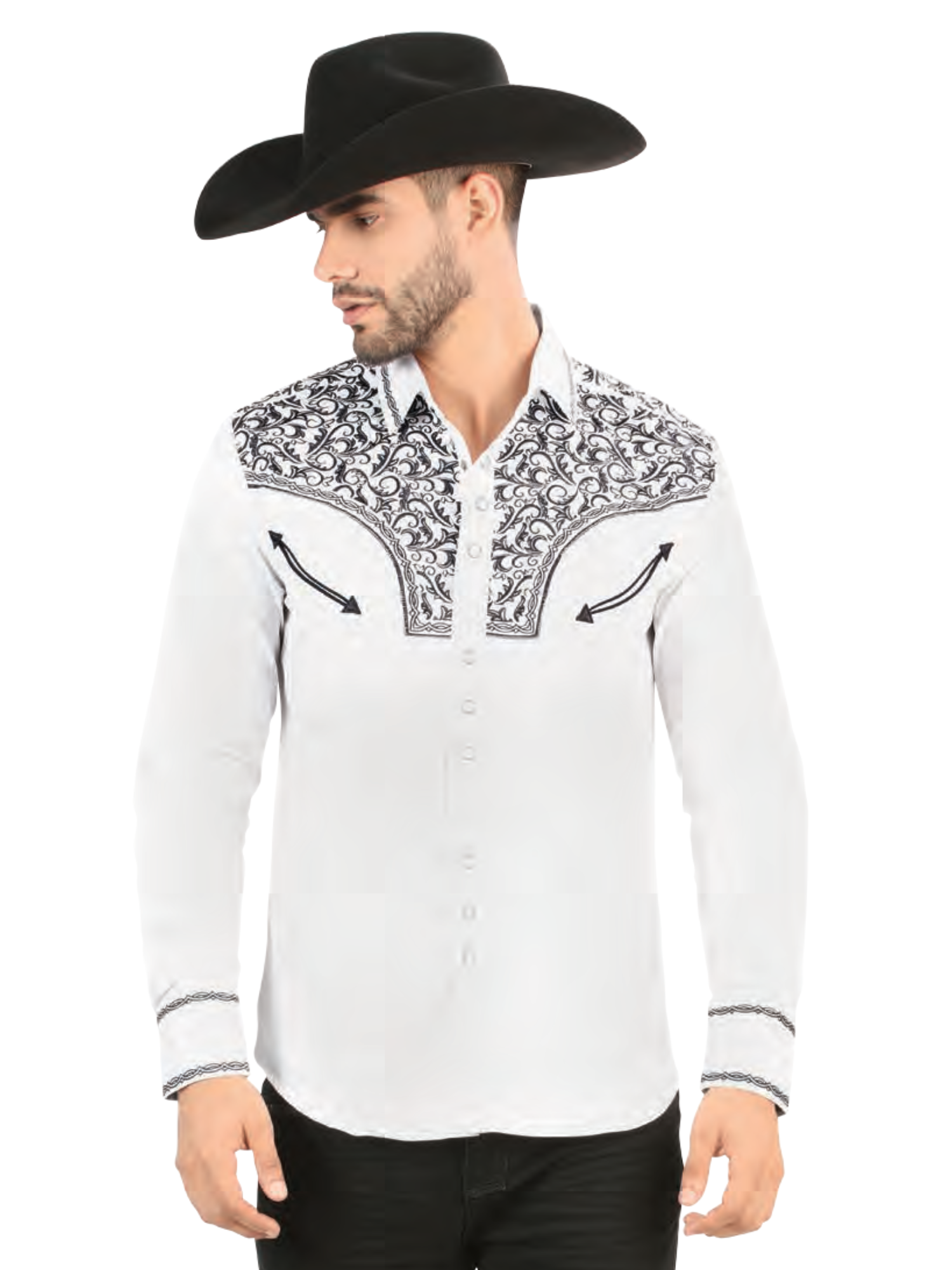 Camisa Vaquera Bordada Manga Larga de Broches para Hombre 'Lamasini' - ID: 2215 Camisas Bordadas Lamasini White