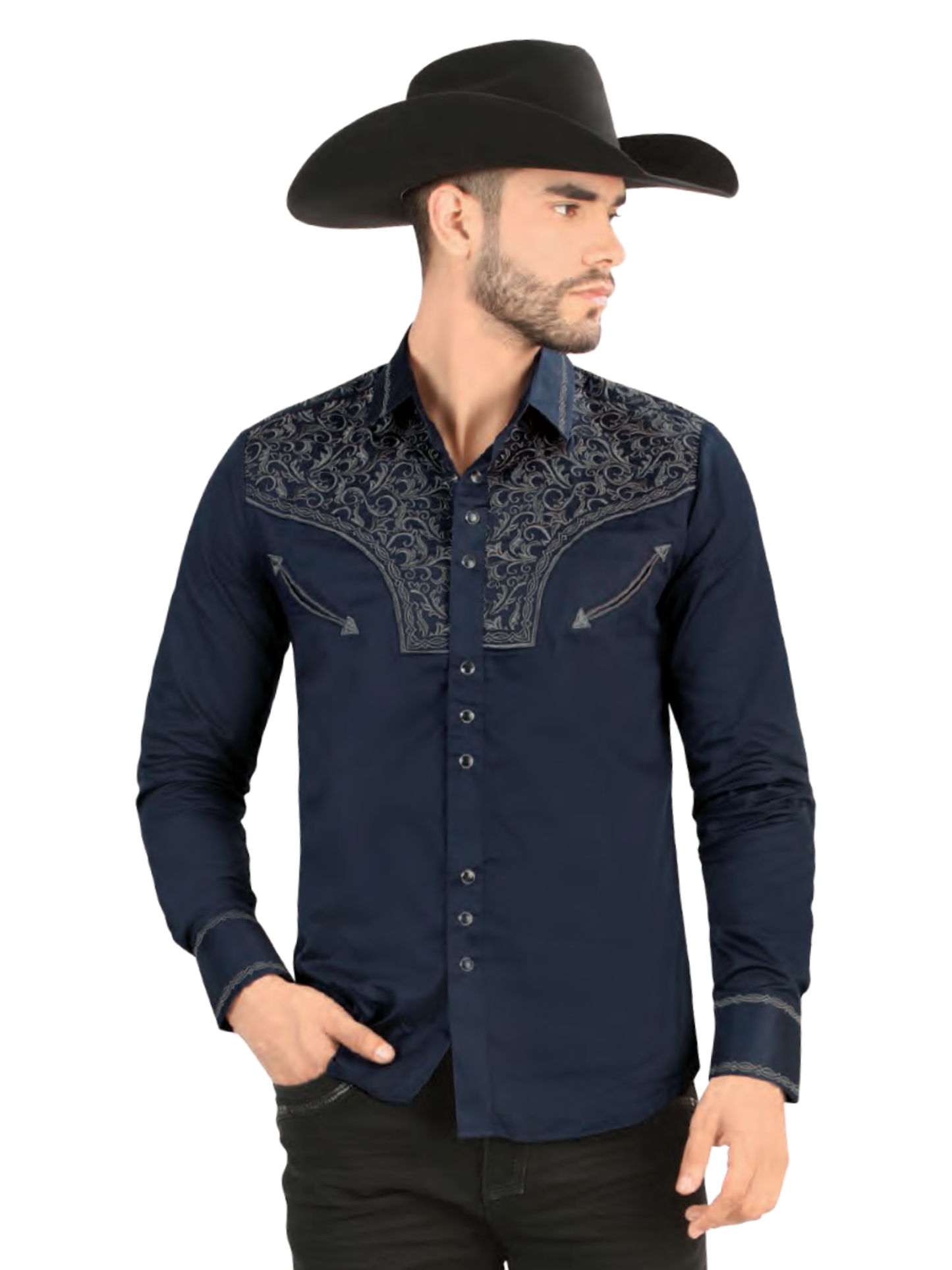 Camisa Vaquera Bordada Manga Larga de Broches para Hombre 'Lamasini' - ID: 2215 Camisas Bordadas Lamasini Navy
