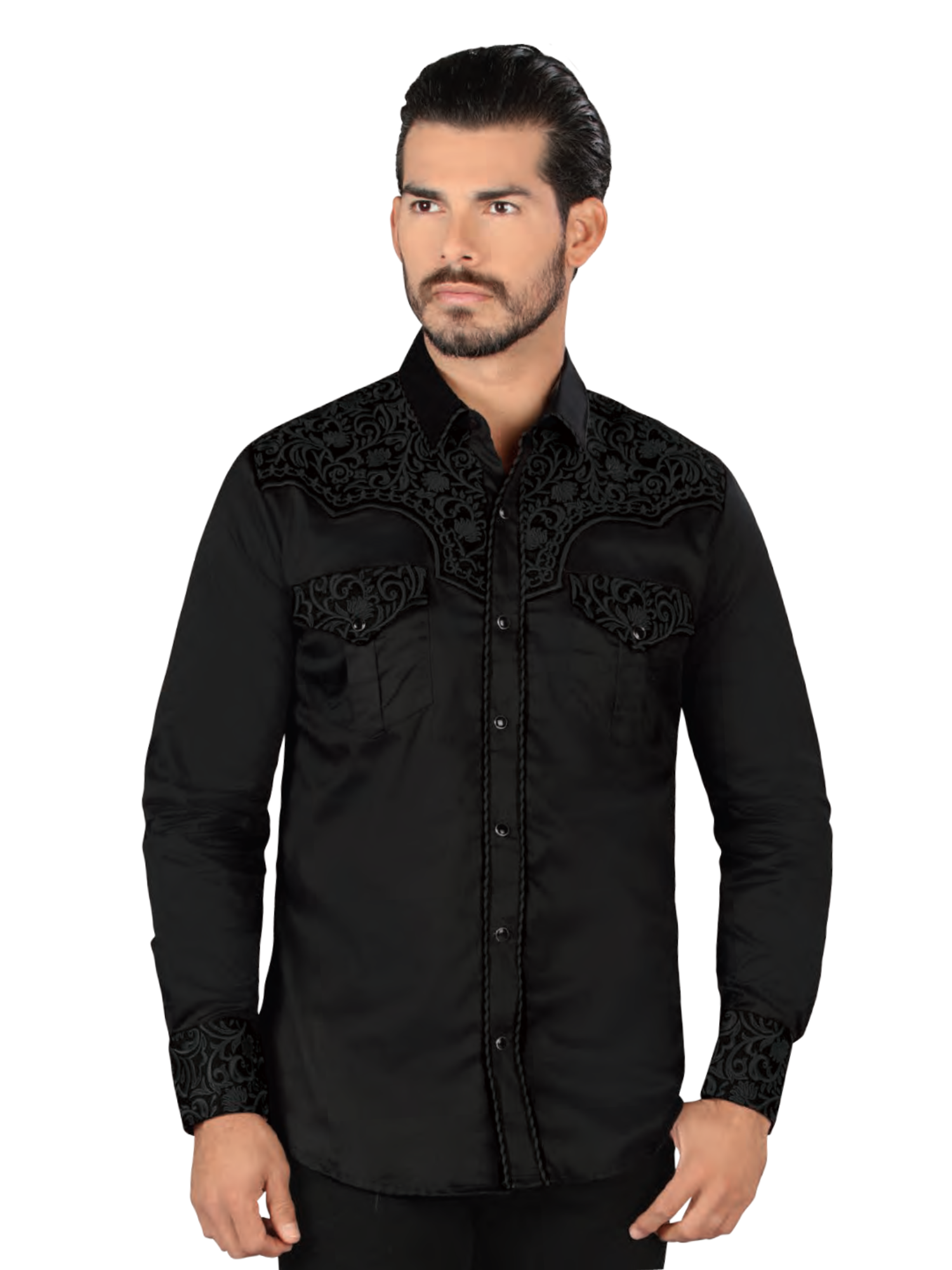 Camisa Vaquera Bordada Manga Larga de Broches para Hombre 'Lamasini' - ID: 2211 Camisas Estampadas Lamasini Black