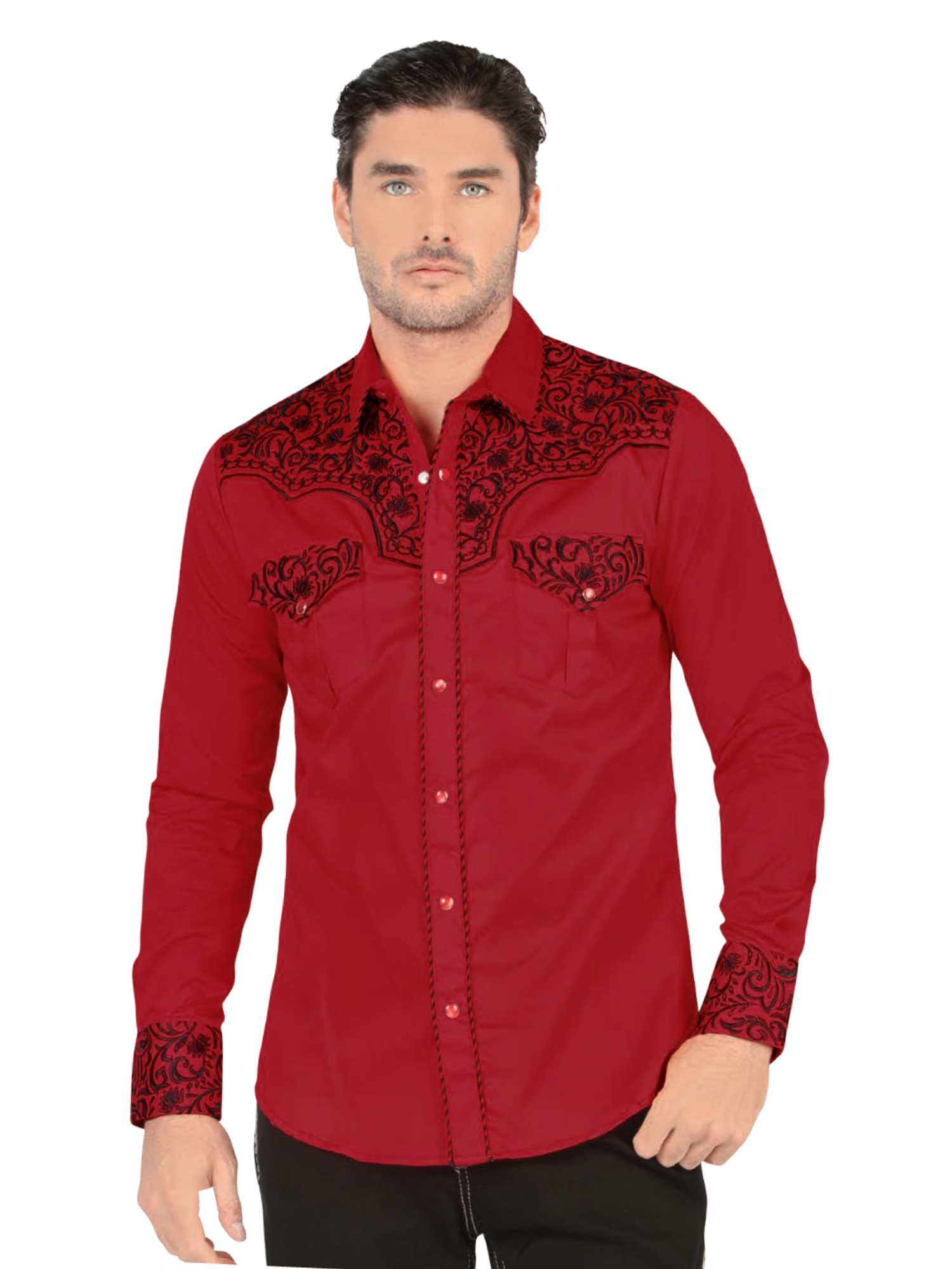 Camisa Vaquera Bordada Manga Larga de Broches para Hombre 'Lamasini' - ID: 2211 Camisas Estampadas Lamasini Red
