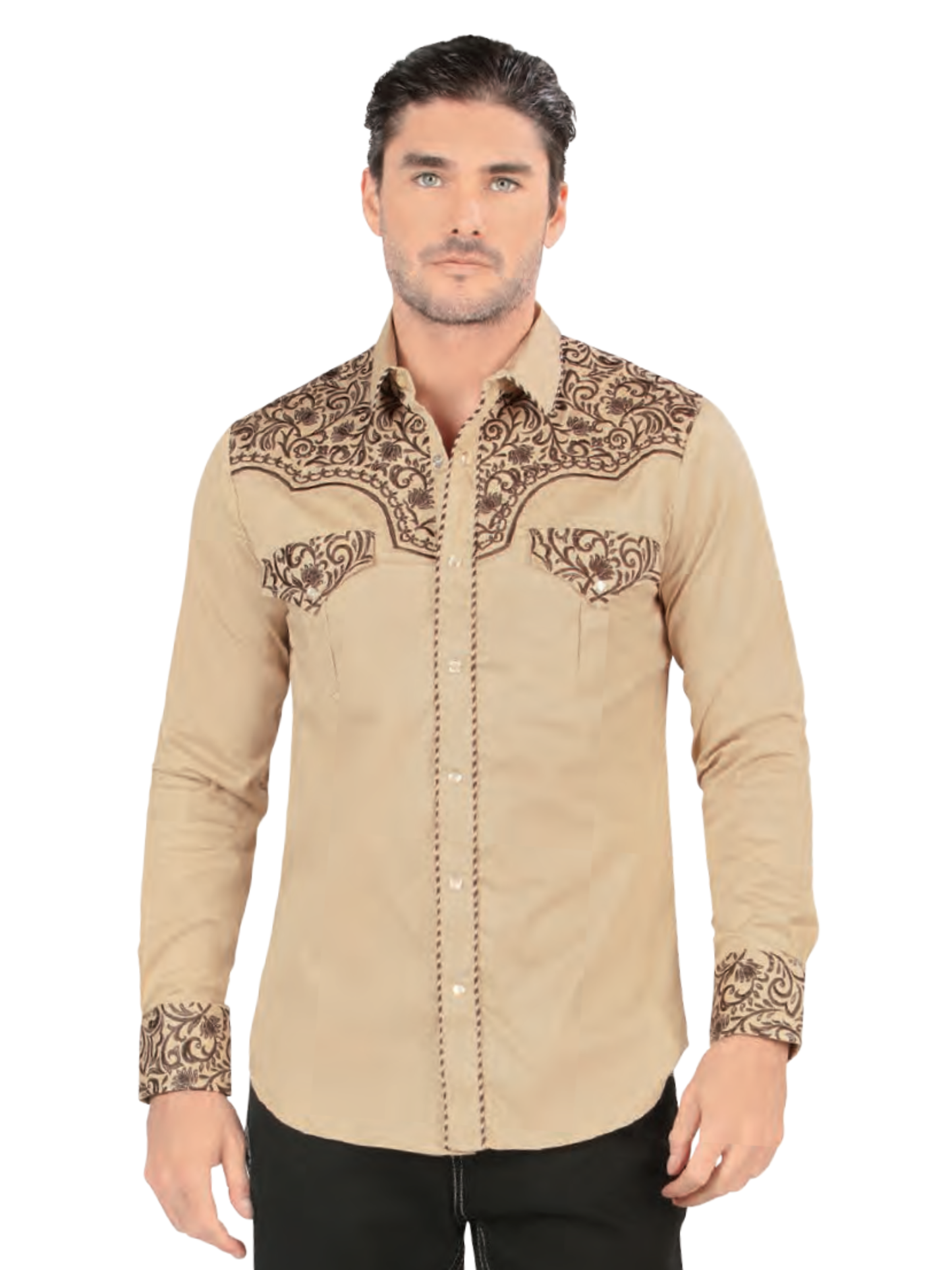 Camisa Vaquera Bordada Manga Larga de Broches para Hombre 'Lamasini' - ID: 2211 Camisas Estampadas Lamasini Beige