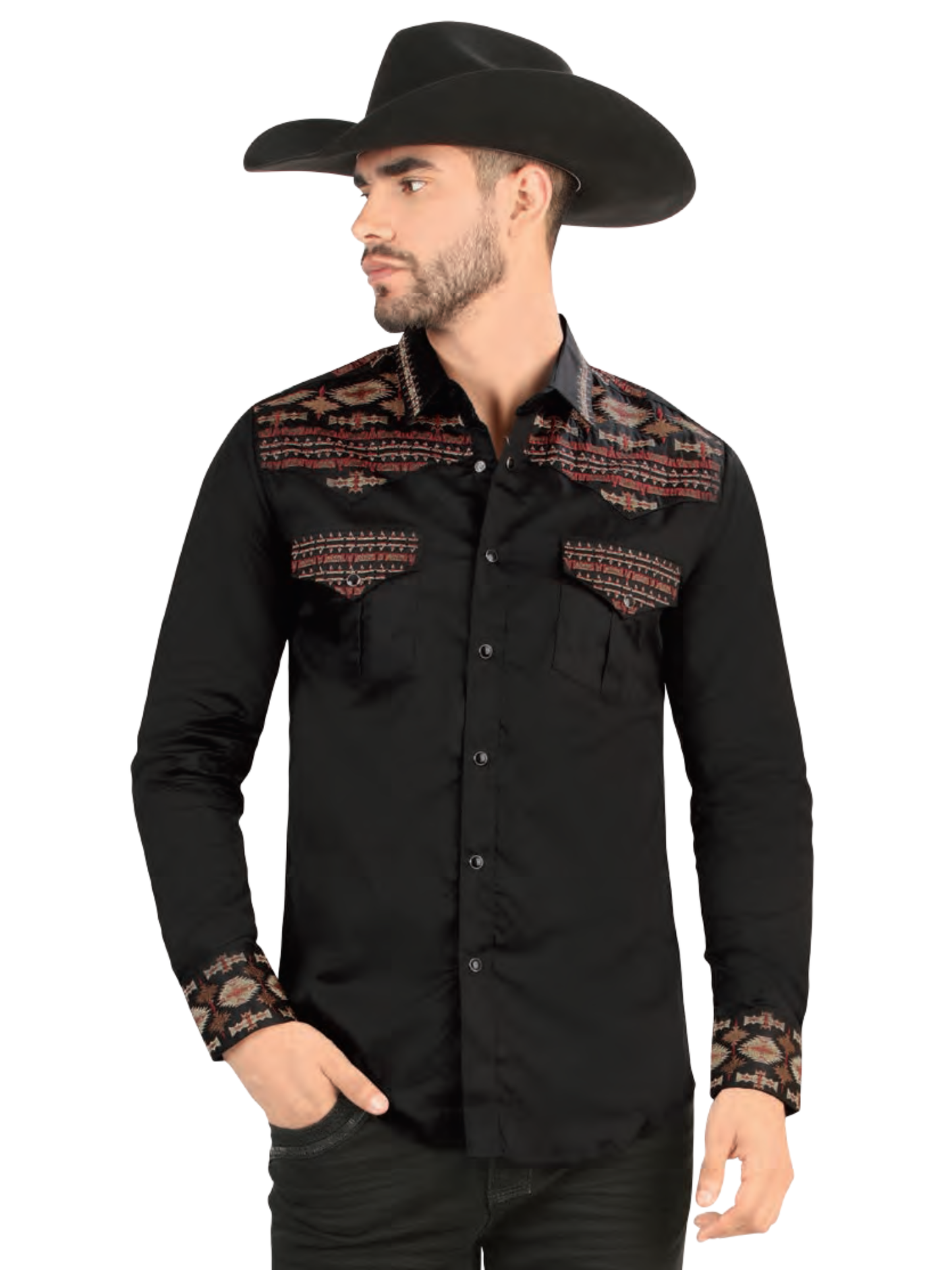 Camisa Vaquera Bordada Manga Larga de Broches para Hombre 'Lamasini' - ID: 2212 Camisas Bordadas Lamasini Black