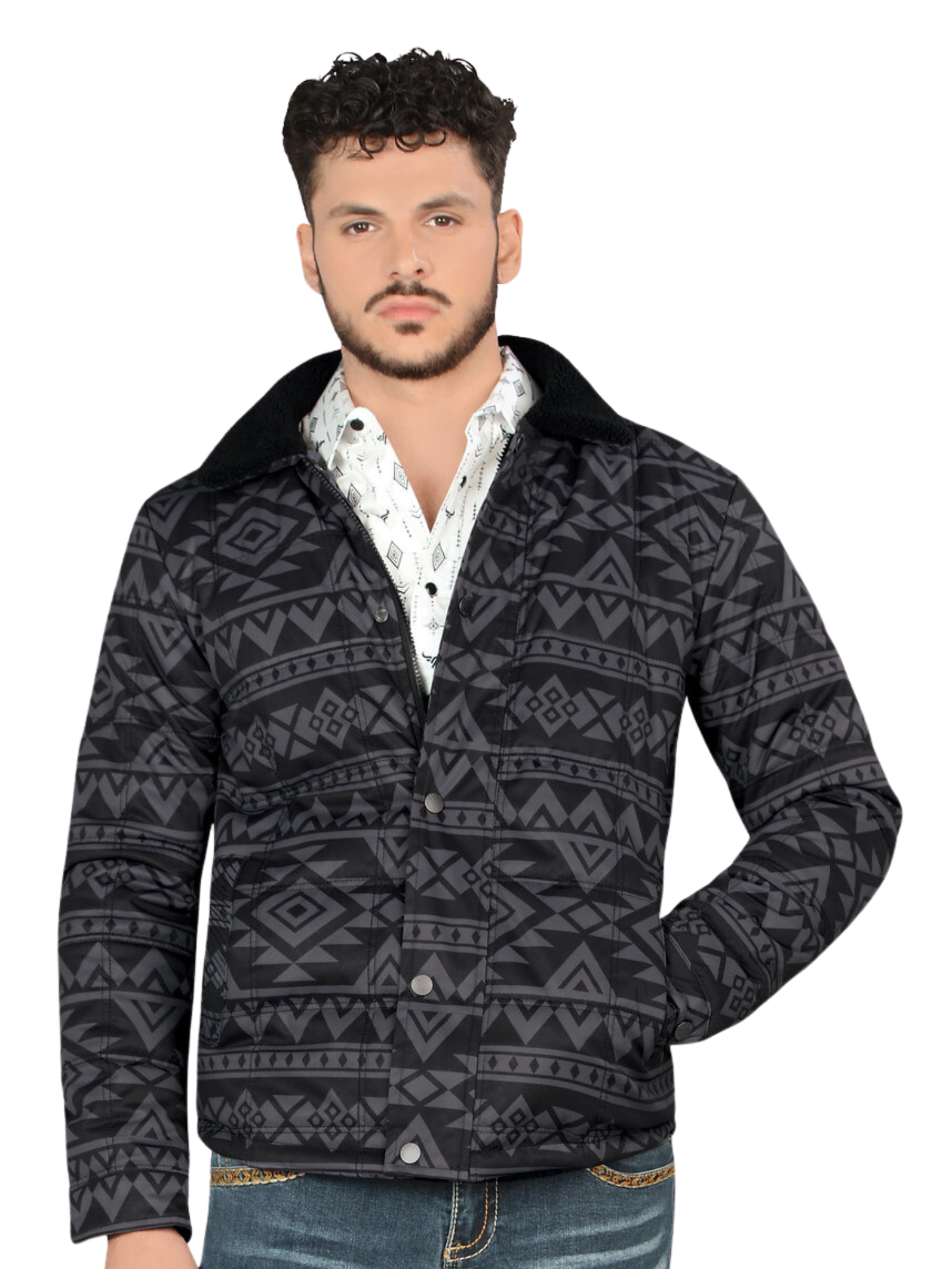 Chamarra Casual Termica de Forro Afelpado (Tipo Borrego) Estampada Aztec para Hombre 'Lamasini' - ID: 608 Chamarras Termicas Lamasini Black/Gray