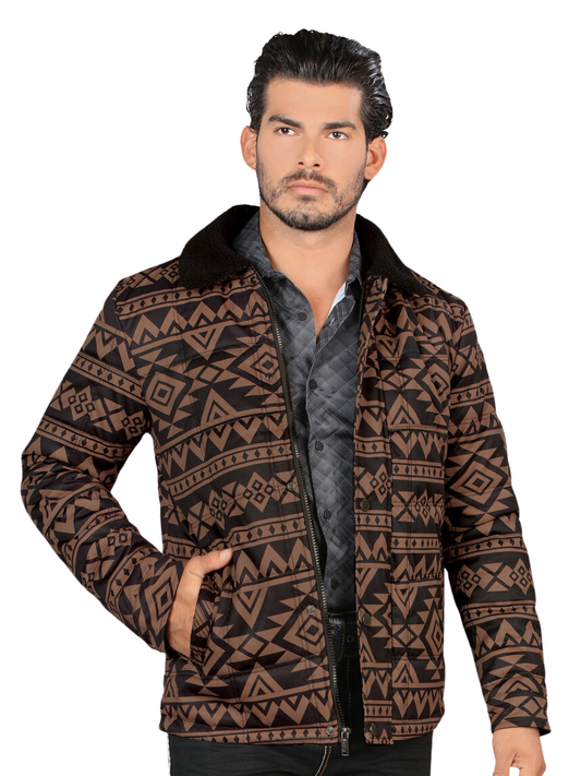 Chamarra Casual Termica de Forro Afelpado (Tipo Borrego) Estampada Aztec para Hombre 'Lamasini' - ID: 608 Chamarras Termicas Lamasini Black/Brown