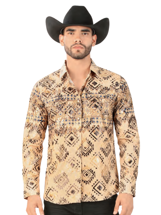 Camisa Casual Manga Larga de Broches Estampada para Hombre 'Lamasini' - ID: 3039 Camisas Estampadas Lamasini Beige