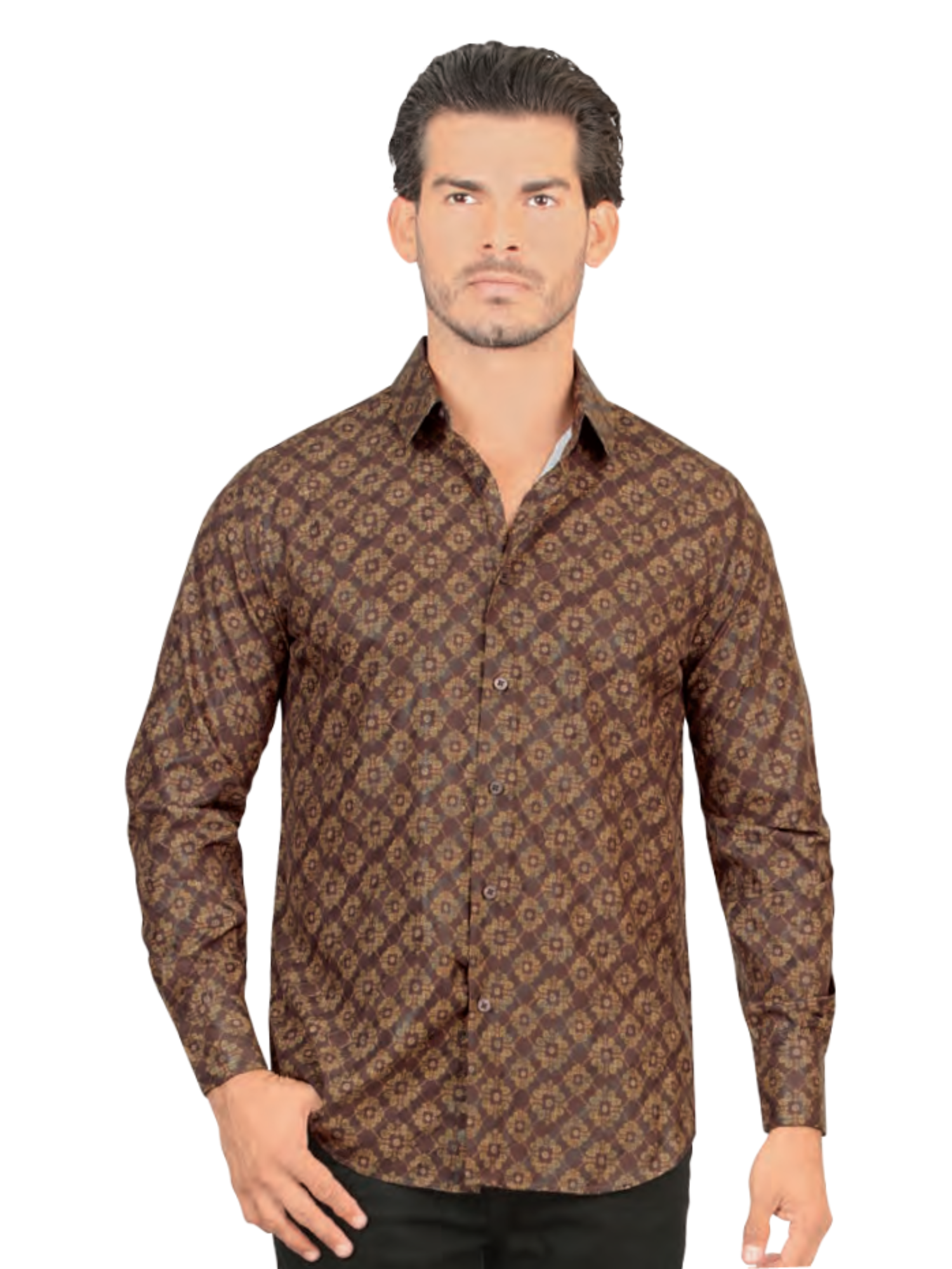 Camisa Casual Manga Larga Estampada para Hombre 'Lamasini' - ID: 2021 Camisas Estampadas Lamasini Brown