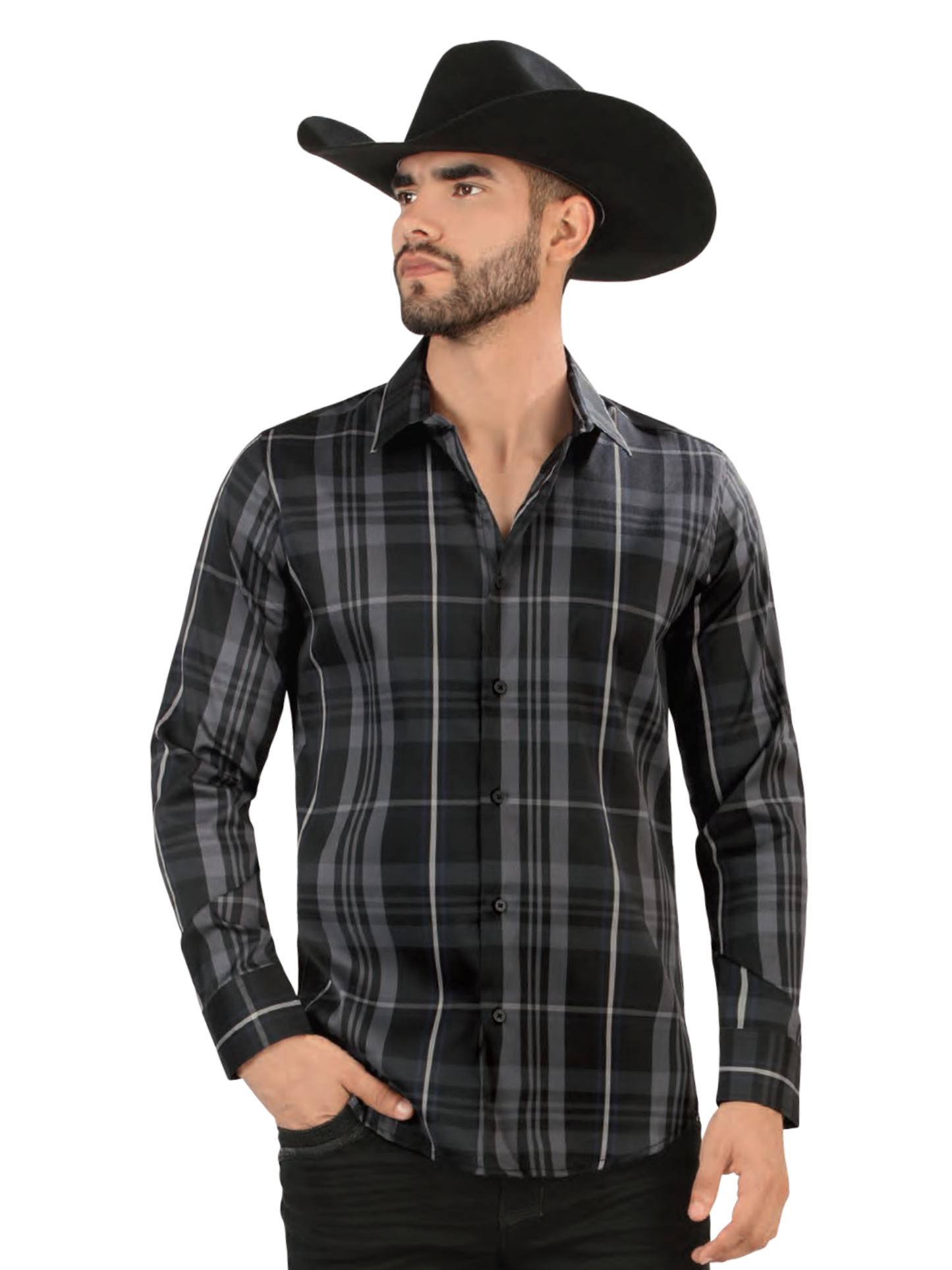 Camisa Vaquera Manga Larga Estampada Cuadros para Hombre 'Lamasini' - ID: 2026 Camisas Bordadas Lamasini Black
