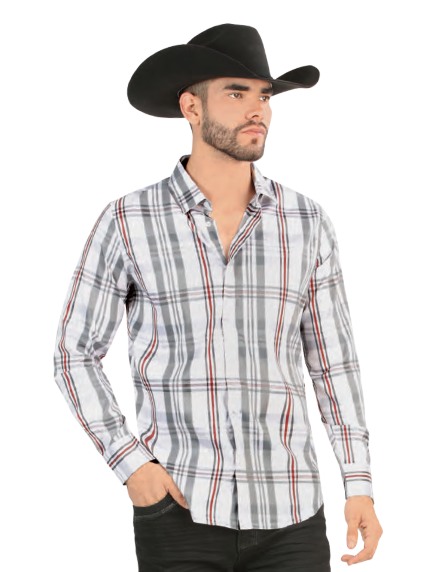 Camisa Vaquera Manga Larga Estampada Cuadros para Hombre 'Lamasini' - ID: 2026 Camisas Bordadas Lamasini White