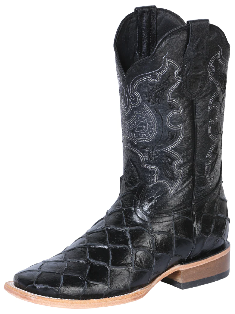 Botas Vaqueras Rodeo Imitacion de Monster Fish Grabado en Piel Vacuno para Hombre 'El General' - ID: 41792 Botas Monster Fish Print El General Negro