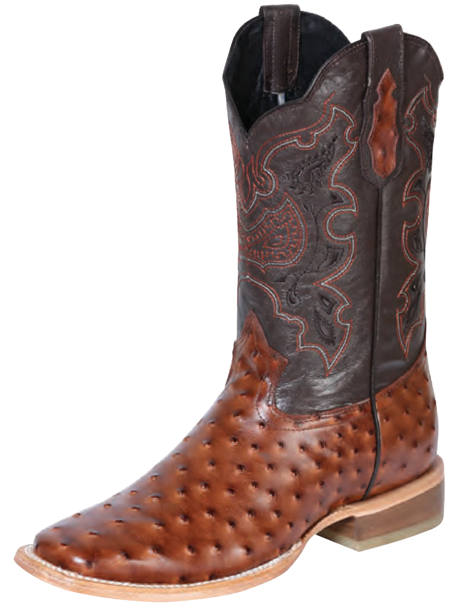 Botas Vaqueras Rodeo Imitacion de Avestruz Grabado en Piel Vacuno para Hombre 'El General' - ID: 41900 Botas Avestruz Print El General Cognac