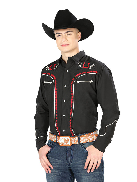 Camisa Vaquera Bordada Manga Larga Negro para Hombre 'El Señor de los Cielos' - ID: 43293 Western Shirt El Señor de los Cielos Black