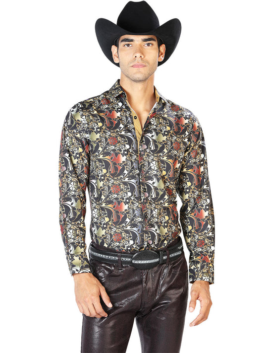 Camisa Vaquera Manga Larga Estampada Negro/Cafe para Hombre 'El Señor de los Cielos' - ID: 43539 Camisas Estampadas El Señor de los Cielos Black/Brown