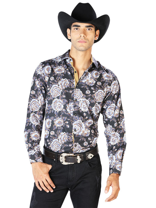 Camisa Vaquera Manga Larga Estampada Floral Negro/Beige para Hombre 'El Señor de los Cielos' - ID: 43540 Camisas Florales El Señor de los Cielos Black/Beige