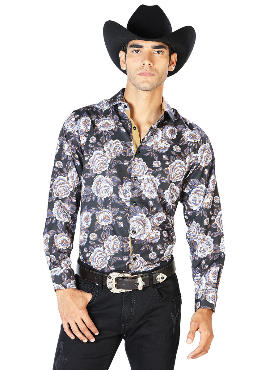 Camisa Vaquera Manga Larga Estampada Floral Negro/Beige para Hombre 'El Señor de los Cielos' - ID: 43540 Camisas Florales El Señor de los Cielos 